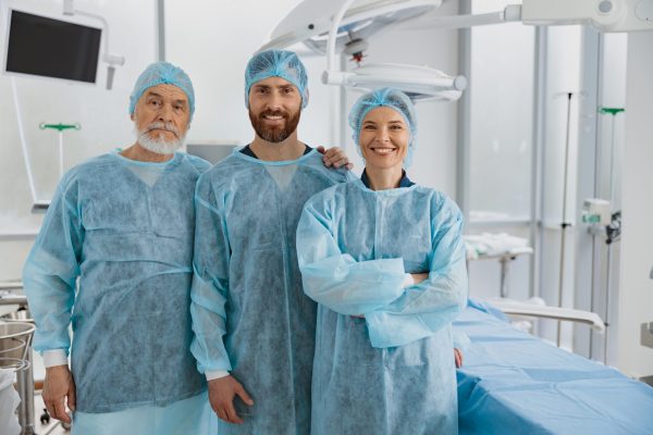 Team of surgeons standing in operating room before surgery and looking camera